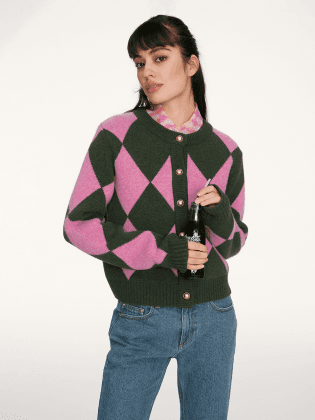 Diamond Checkboard Cardigan_Pink+Khaki