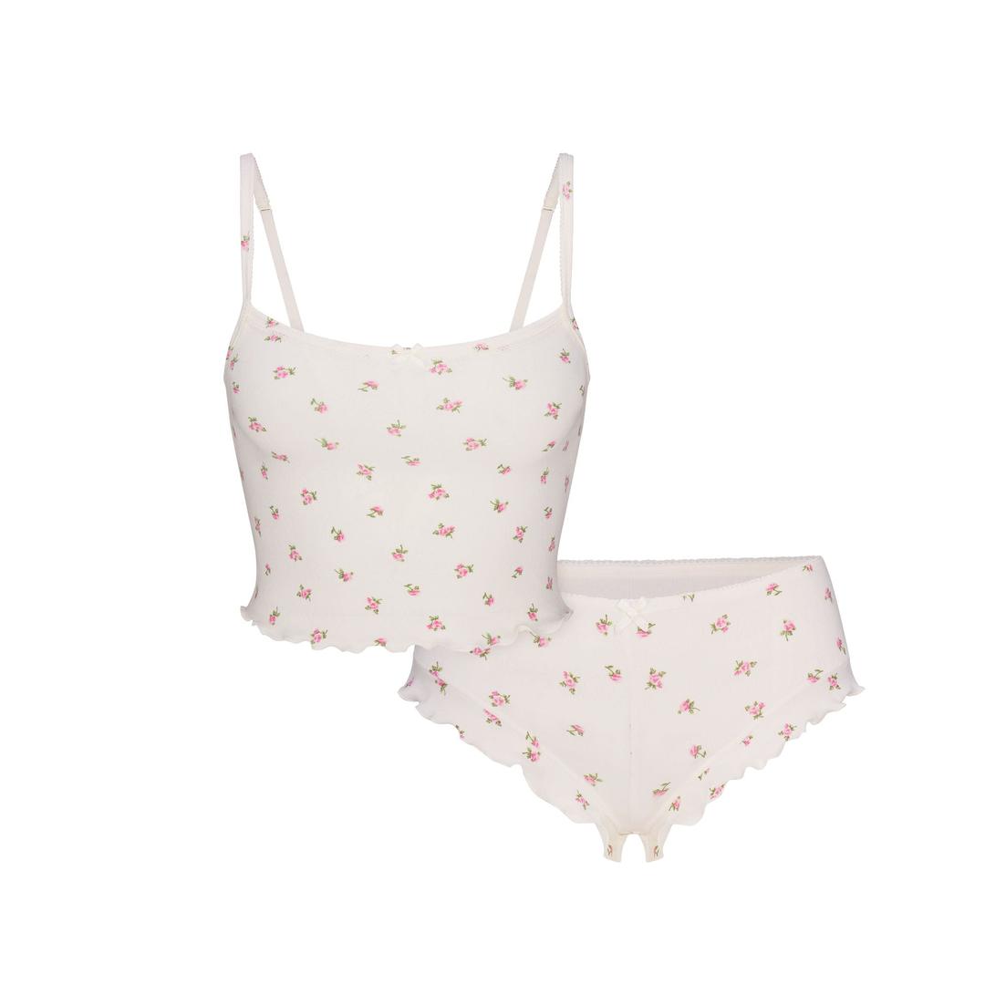 LOGO POINTELLE CROPPED CAMI SET | MARBLE PINK ROSEBUD PRINT