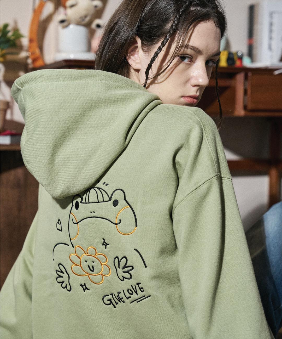 개굴팝 자수 후드티 카키