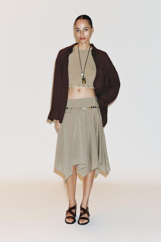 스트라이프 벨트 언밸런스 미디 스커트