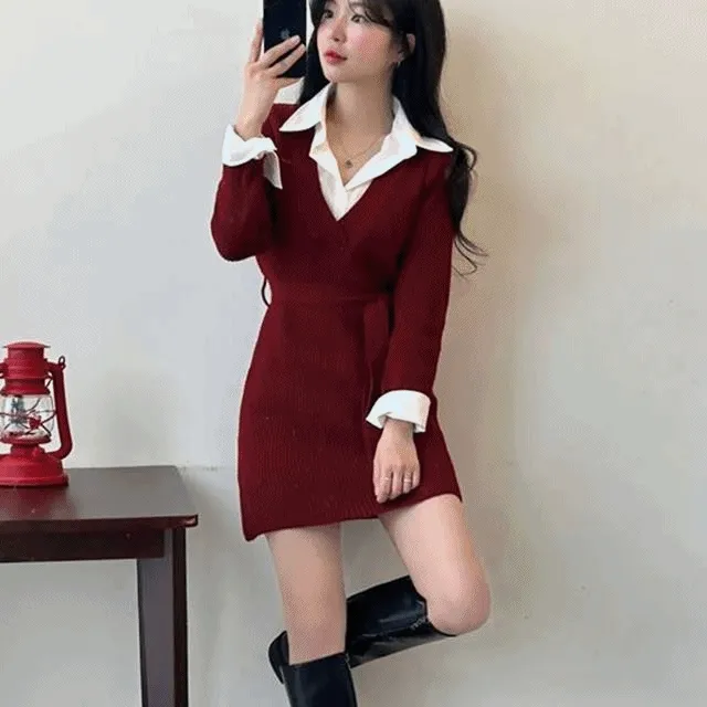 [연말룩/셔츠일체형/겨울신상❄] 일렌,셔츠 레이어드 벨트 니트 미니 원피스 [4color]