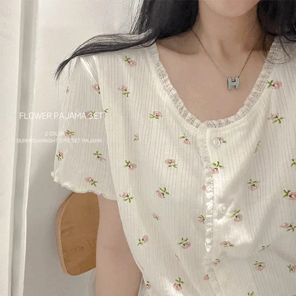 [당일/순면100/+빅사이즈] 여리여리 감성 플라워 체리 하트 레이스 단추 반팔 가디건 파자마 팬츠 잠옷 세트/ 부드러운원단 4 color