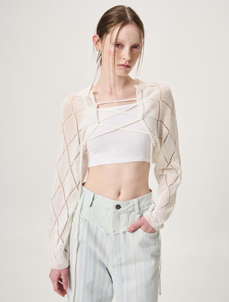 Diamond Lace-up Bolero Cardigan, Ivory