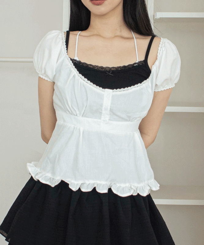 레이스 퍼프 코튼 블라우스 나시 레이어드 세트