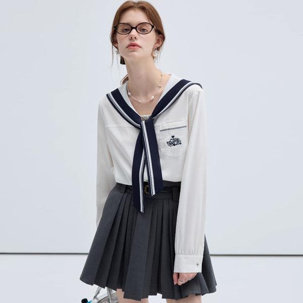 VEGA 네이비 카라 레이스 업 자수 셔츠 0021