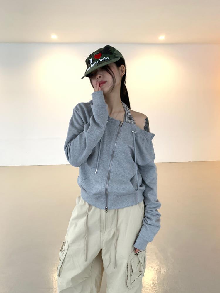 [MD pick !!!!!] (2 color) 오프숄더 셔링 투웨이 집업 Off-Shoulder Shirring Two-way Zip-up