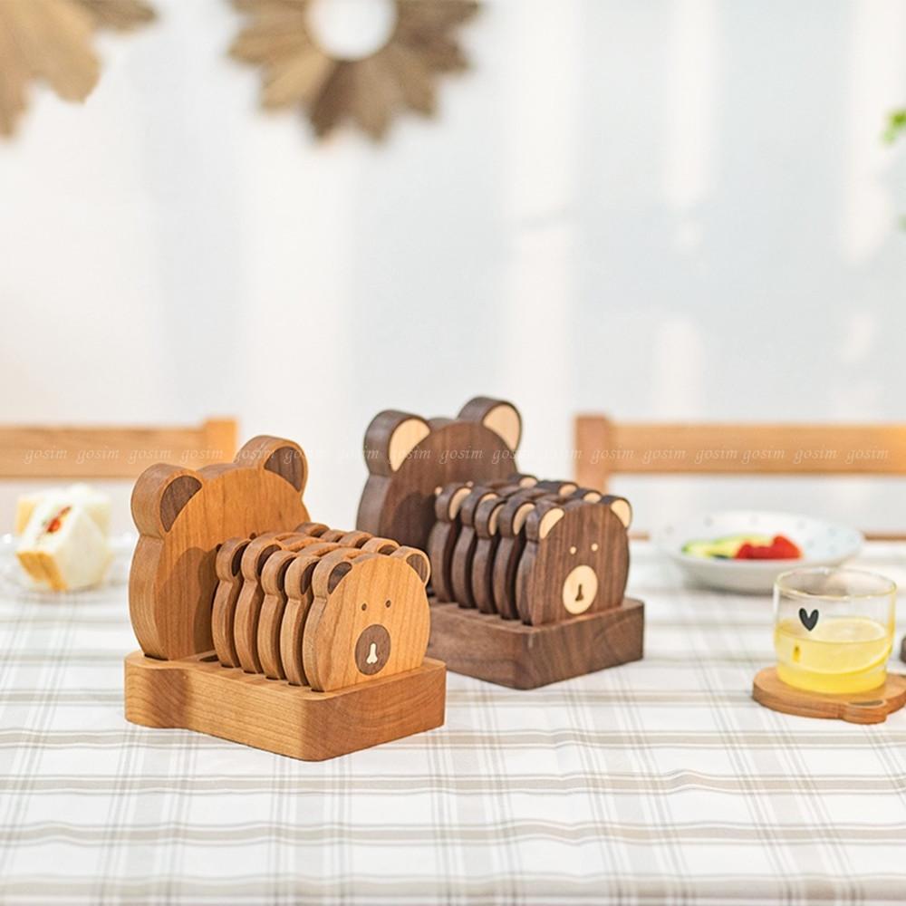 곰돌이 우드카빙 원목 컵받침대 우드 코스터 세트