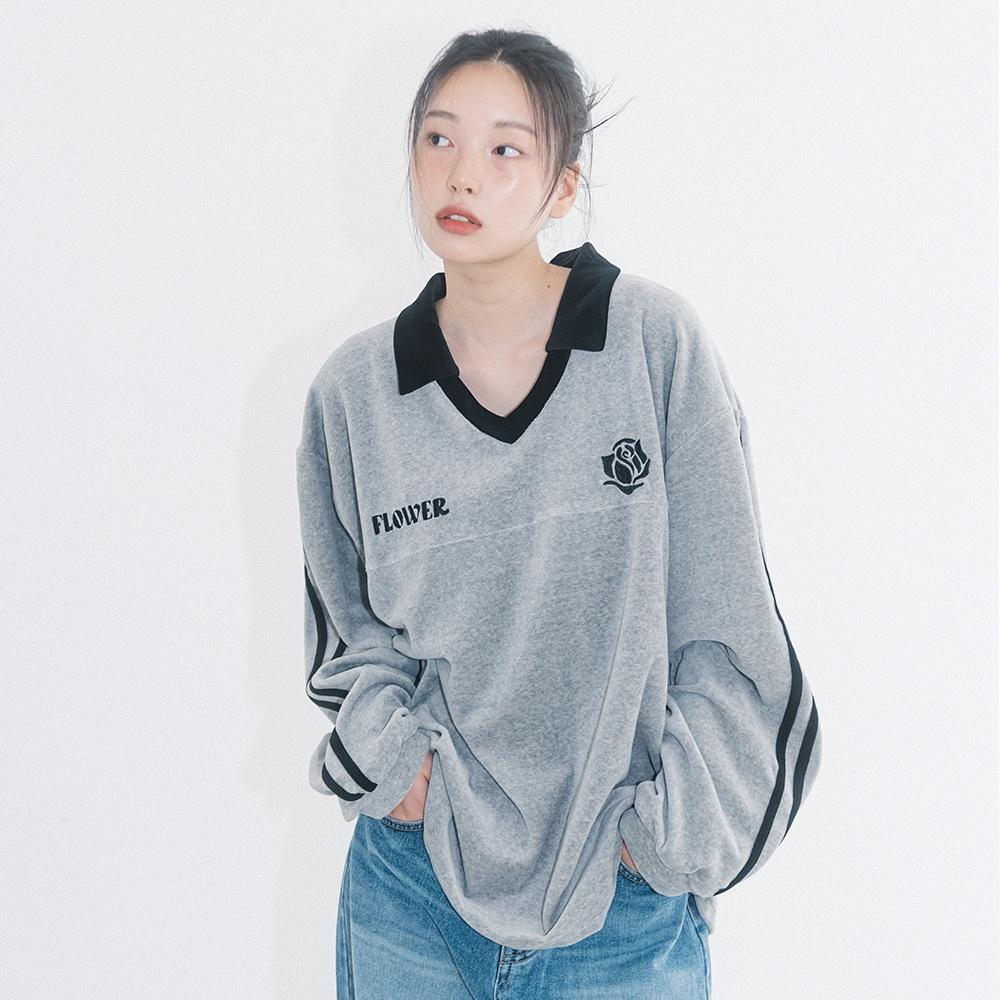 OVERSIZE VELOUR V-NECK L/S TEE(GREY)