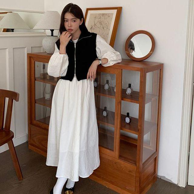 (코디세트)카라 집업 니트 조끼+플레어 롱원피스 세트 데이트 가을 겨울 상하의세트 옷코디 셋업 조끼원피스세트