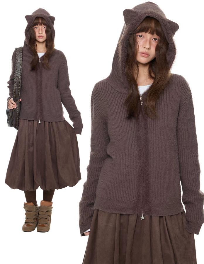 EZEK 베어 이어 후드 집업 니트 가디건 (3color)