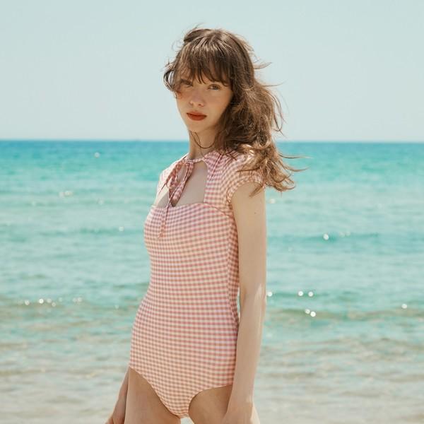 CHECKERED SHORT-SLEEVE SWIM (PEACH)