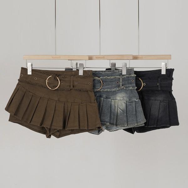 [S,M,L/스판데님] 오링버클 플리츠 데님 미니스커트 청치마 치마바지 속바지 가을신상 Y2K 힙 유니크 벨트치마 빅벨트 빈티지룩 짧은치마