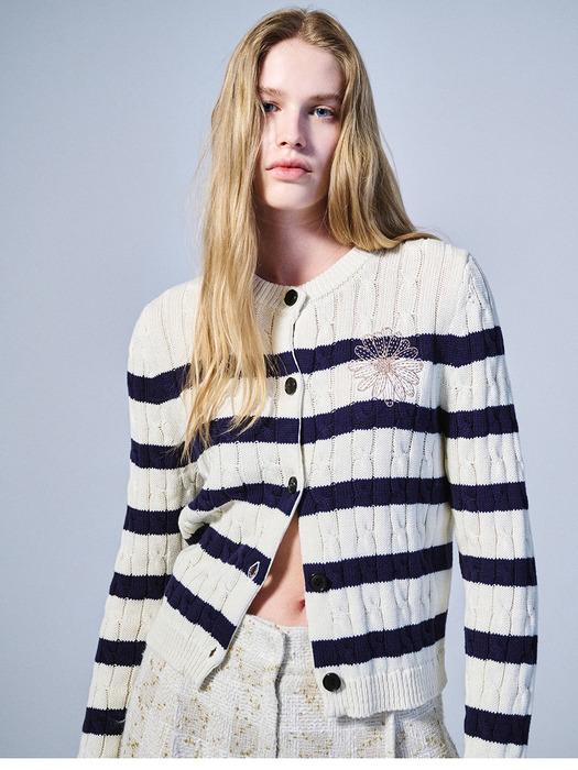 COTTON CARDIGAN ROUND NECK STRIPE_IVORY BEIGE