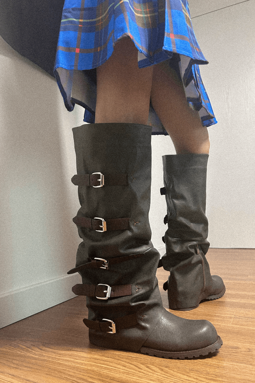 buckle gray long boots