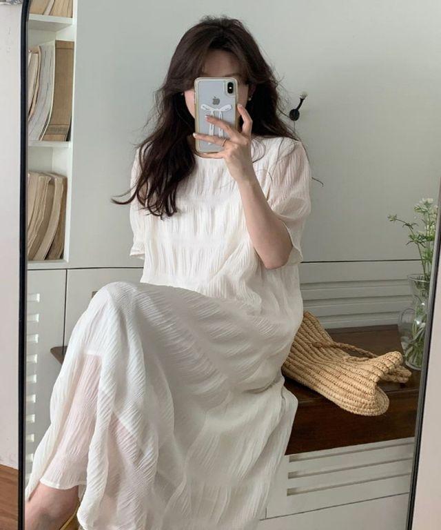 [당일발송, 무료배송] 라운드넥 여자 러블리 일자 캉캉 주름 쉬폰 롱원피스 러블리 심플 단아한 반팔 여름 봄 롱 드레스 화이트 민트 흰색 원피스 나들이룩 소풍 비치 해변 바캉스 휴양지 동남아 원피스 모임룩 엄마 돌잔치 촬영룩