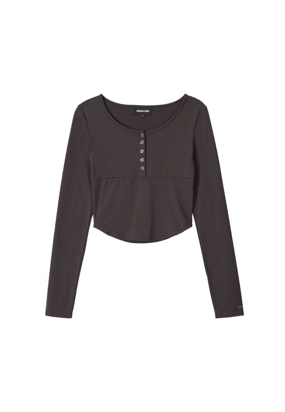 Nylon Buttoned Crop T-shirt [Fabric by ITALY] - BROWN