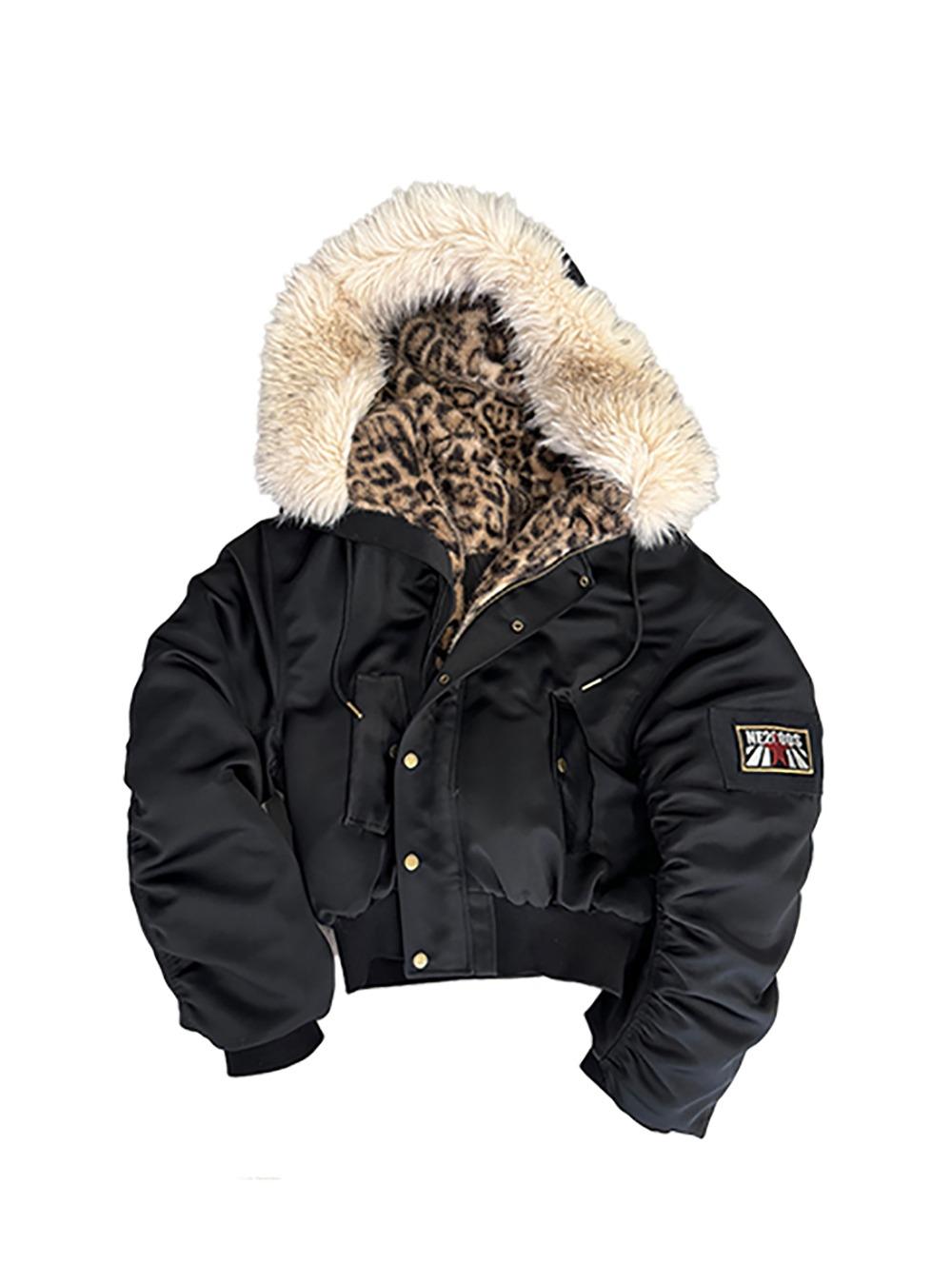 [no E mosen] Leopard Pattern Fur Hooded Jacket
