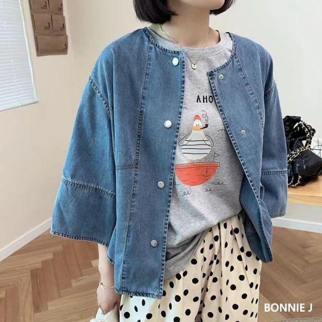 자켓 스타일의 데님 워싱 라운드 점퍼