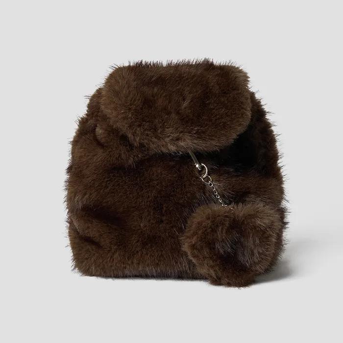 FAUX FUR CHAIN STRAP BACKPACK_BROWN