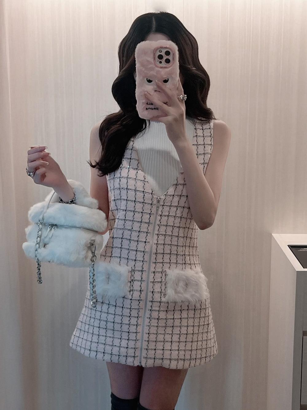 フロントファスナーツイードミニワンピース