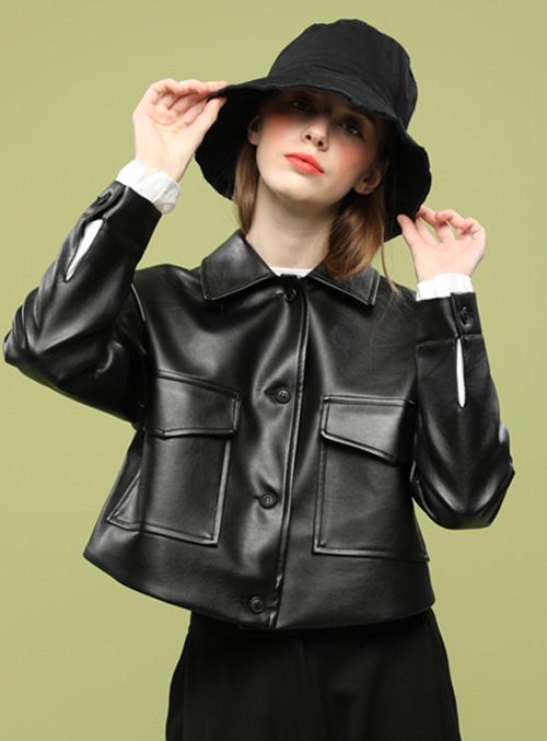 WOMEN 크롭 오버핏 마일드레더 트럭커 가죽자켓 [블랙]