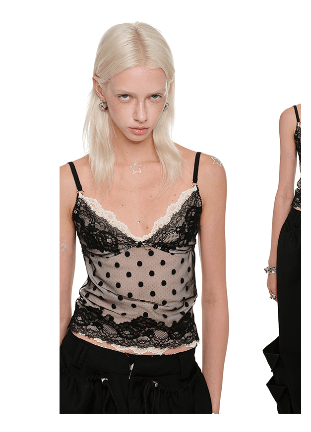 폴카 도트 트림 탱크 탑이 있는 더블 레이어 레이스 캐미솔