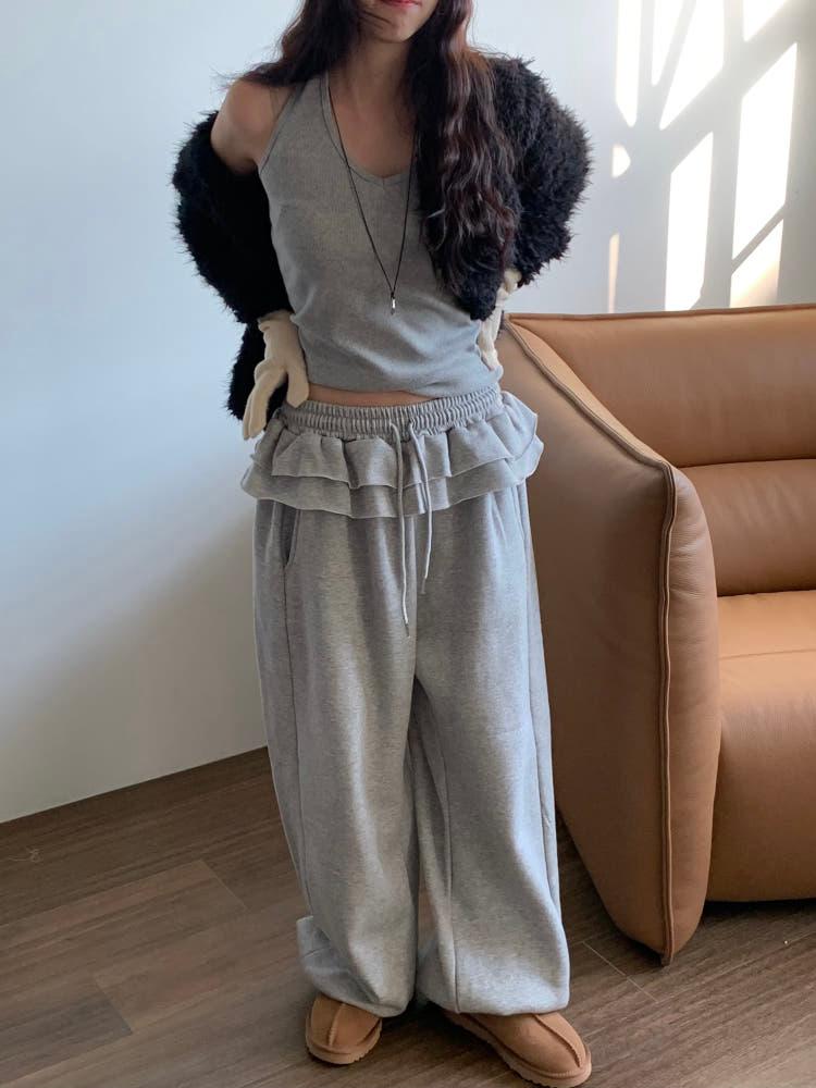[그레이 당일출고]플루 여성 기모 캉캉 프릴 루즈핏 레이어드 롱 조거 팬츠 겨울 꾸안꾸룩 여행룩 3color