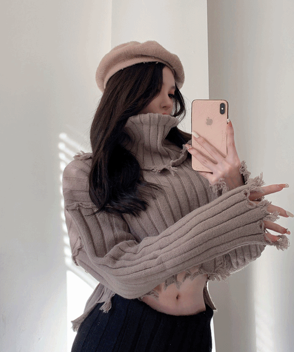 터틀넥탈부착 데미지 루즈핏 골지 크롭 니트 스웨터 티셔츠 가을 섹시한 파티룩 목폴라 겨울 데이트룩