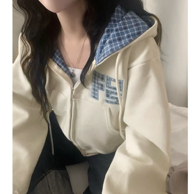 [독보적자수🤍!/아방핏] 마들렌 체크 배색 루즈핏 크롭 후드집업,점퍼 - 4color