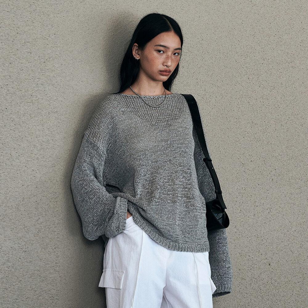 Tape Boat Neck Over Fit Pullover (Gray)