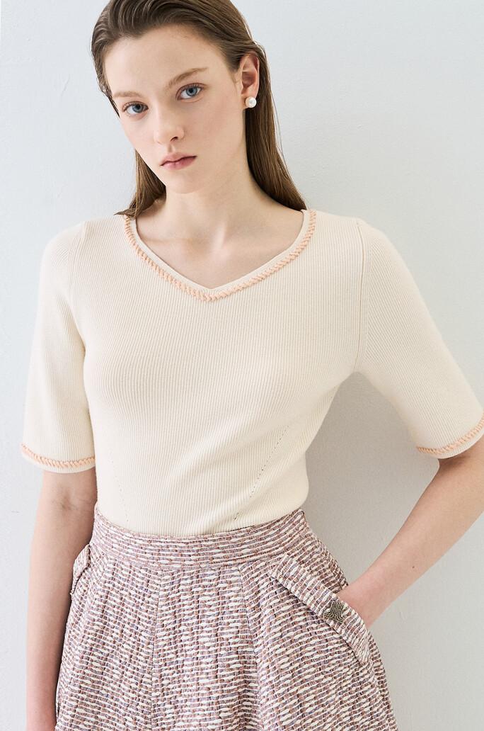 [LANVIN COLLECTION] 울 블렌드 하프 슬리브 니트 탑