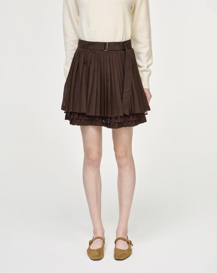 송지오 슬림 플리츠 미니 스커트 브라운