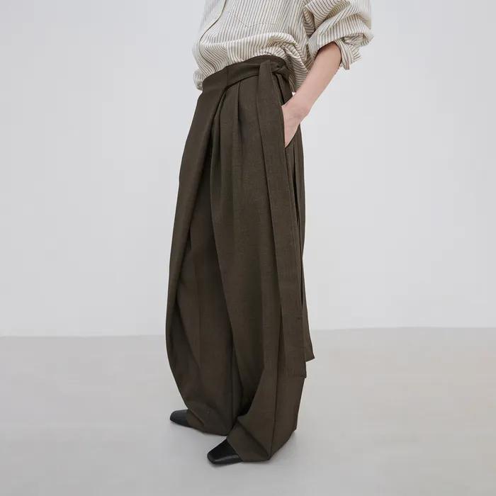 Draped Wrap Wide Pants - Brown