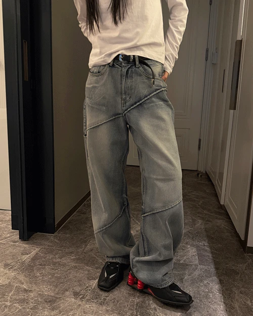 [unisex] 라인 브러쉬 코팅 데님 팬츠