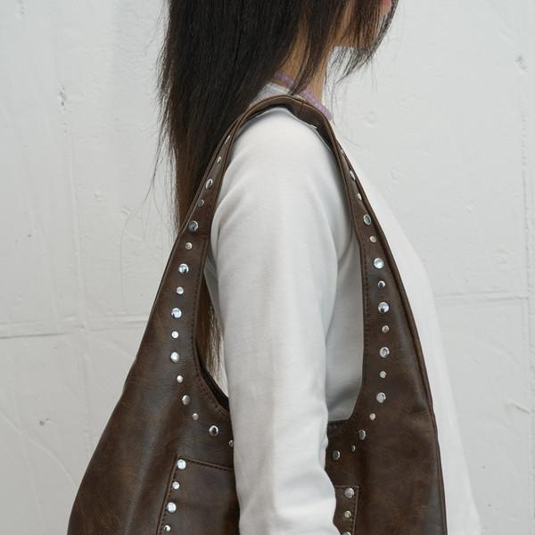 Silver Studded Pocket Shoulder Bag (Brown)