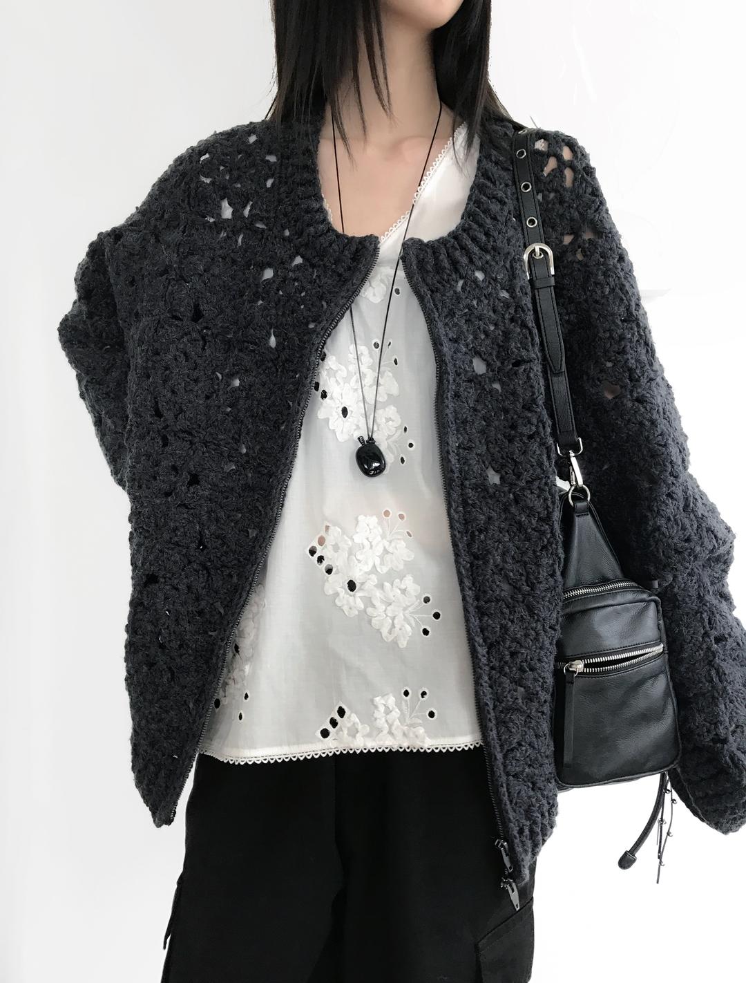 Blooming Crochet Knit Cardigan, Charcoal (2c)