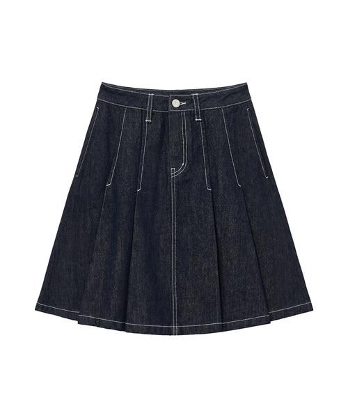 PLEATS DENIM SKIRT dark blue
