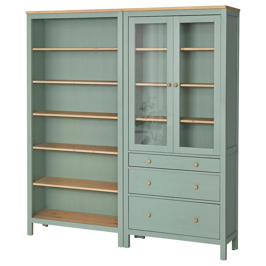 HEMNES 헴네스 수납콤비네이션+도어/서랍 - 그레이그린/라이트 스테인 브라운 180x197 cm