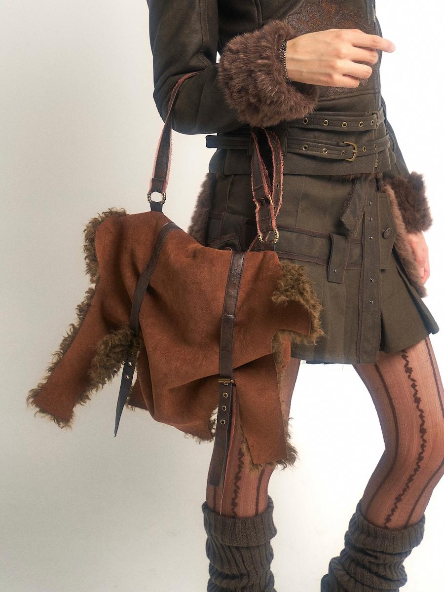 OPEN AESTHETIC suede fur crossbody bag