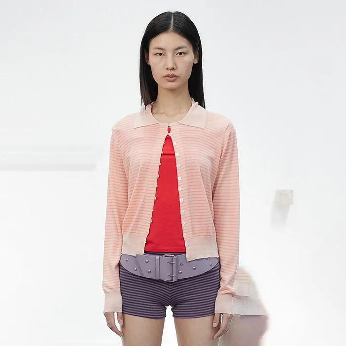 STRIPE COLLAR KNIT CARDIGAN / ORANGE