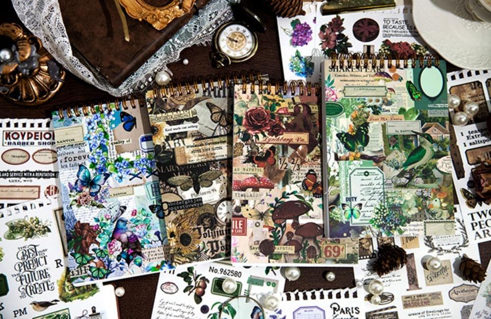 빈티지 감성 다꾸 식물 꽃 나비 버섯 라벨 영어 레터링 화지 스프링 스티커북 50매 4종