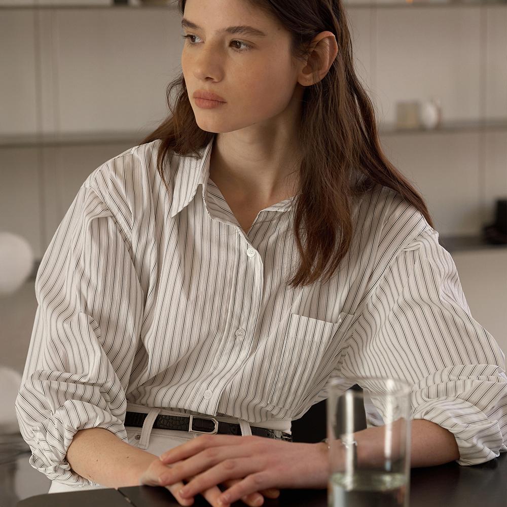 옆슬릿 박시 셔츠 스트라이프 VER 아이보리