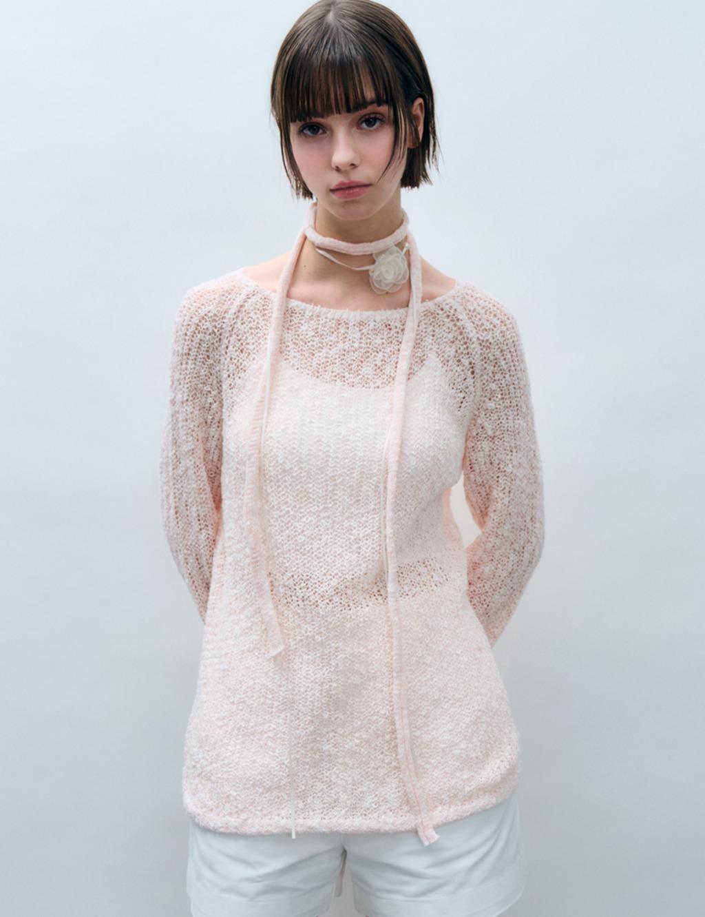 [스카프 SET] 네트 시스루 롱 슬리브 니트 라이트핑크 MDKT094LPINK