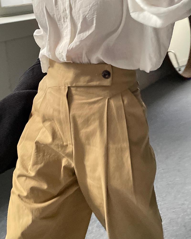 로웰 여성 가을 핀턱 비죠 코튼 하이웨스트 롱 와이드 베이지 통 바지 팬츠