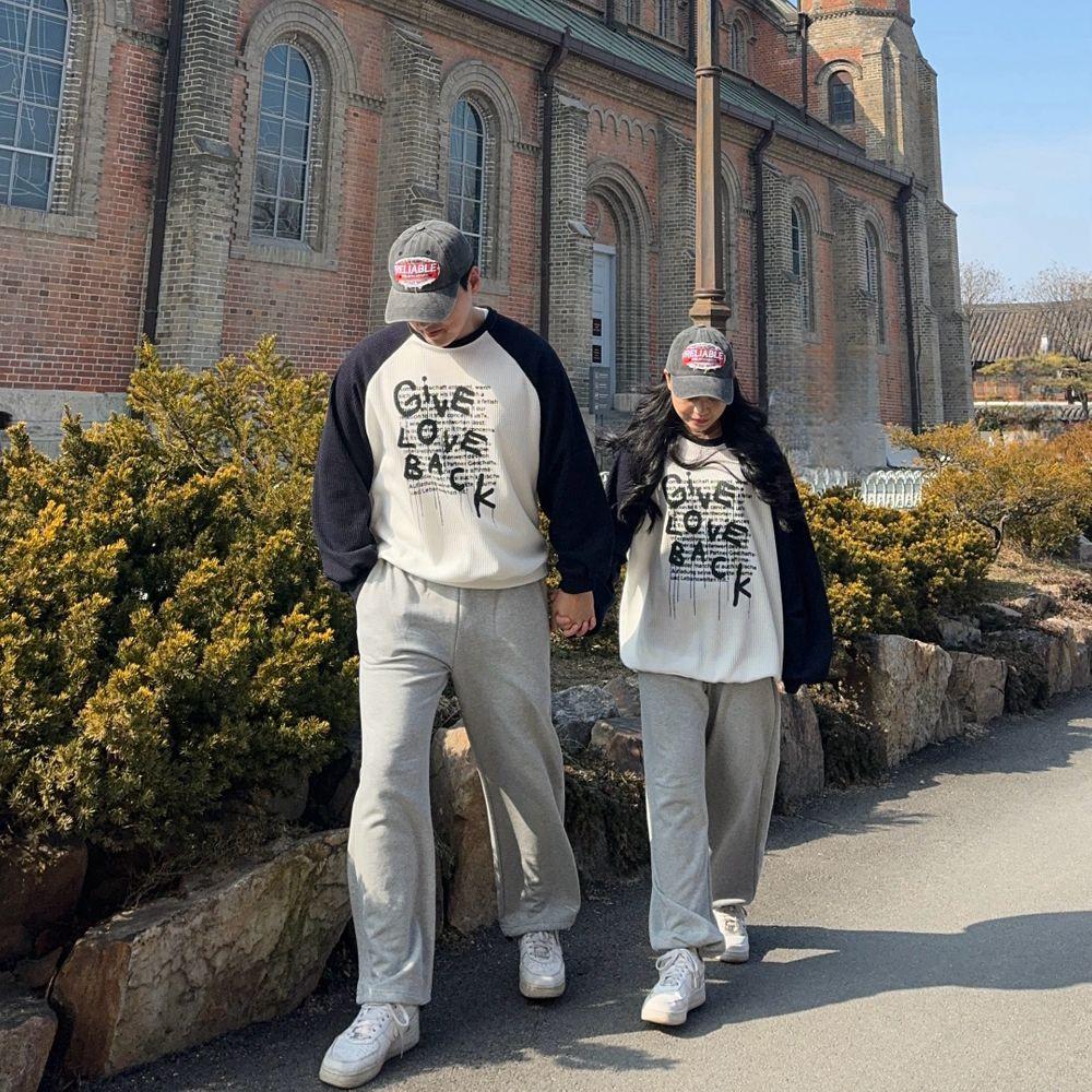 남녀공용 깁러브백 배색 나그랑 와플 맨투맨 오버핏 학생 Y2K 커플 시밀러룩