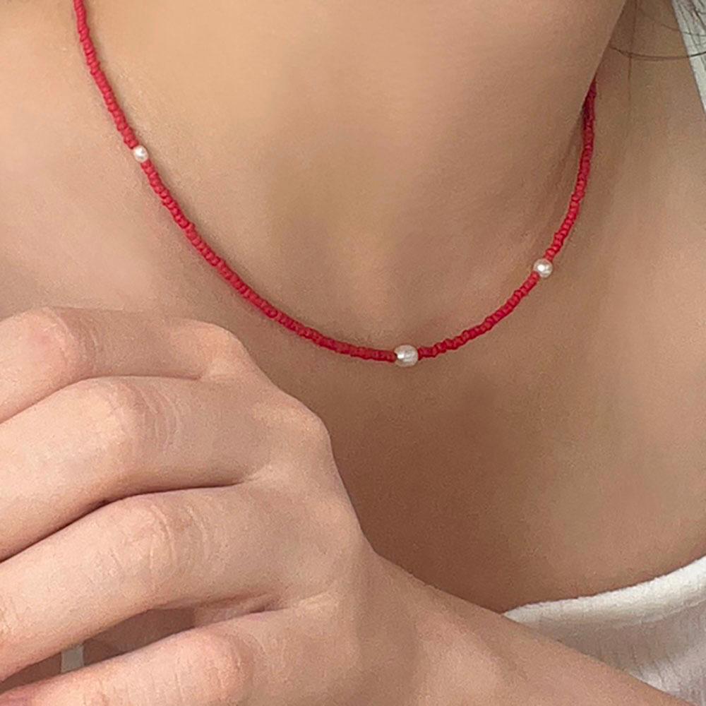 모어티엡 [써지컬] 심플 슬림 레드 비즈 담수진주 목걸이