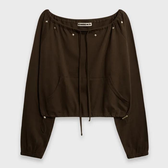 스터드 투웨이 스트링 오프숄더 롱 슬리브 브라운