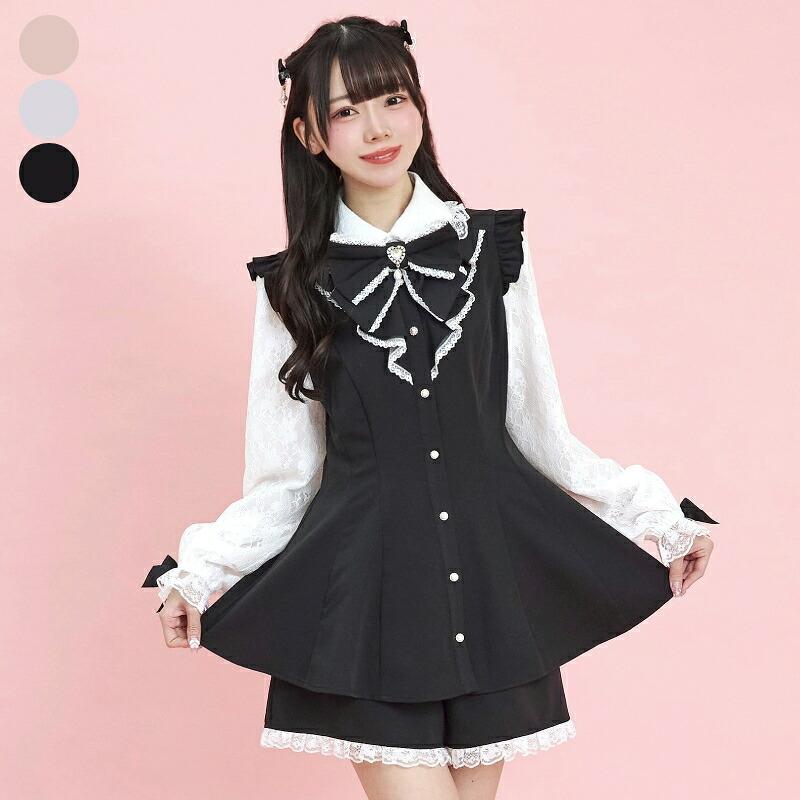 【楽天市場】レース袖ラッフルセットアップ8/30 12:00 新色販売スタート8/19 12:00 クロ再入荷3/22 12:00 クロ再入荷secrethoney　シークレットハニー　シーハニ　量産型　レディース　ガーリー　長袖　無地　チェック　ピンク　グレー　ブラック　黒：Secret Honey