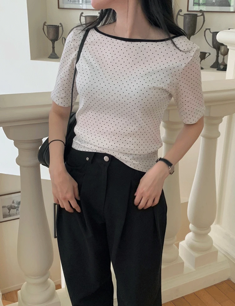 [2차] [리버서블] 유넥 보트넥 도트 골지 티셔츠 4부 5부(2color)