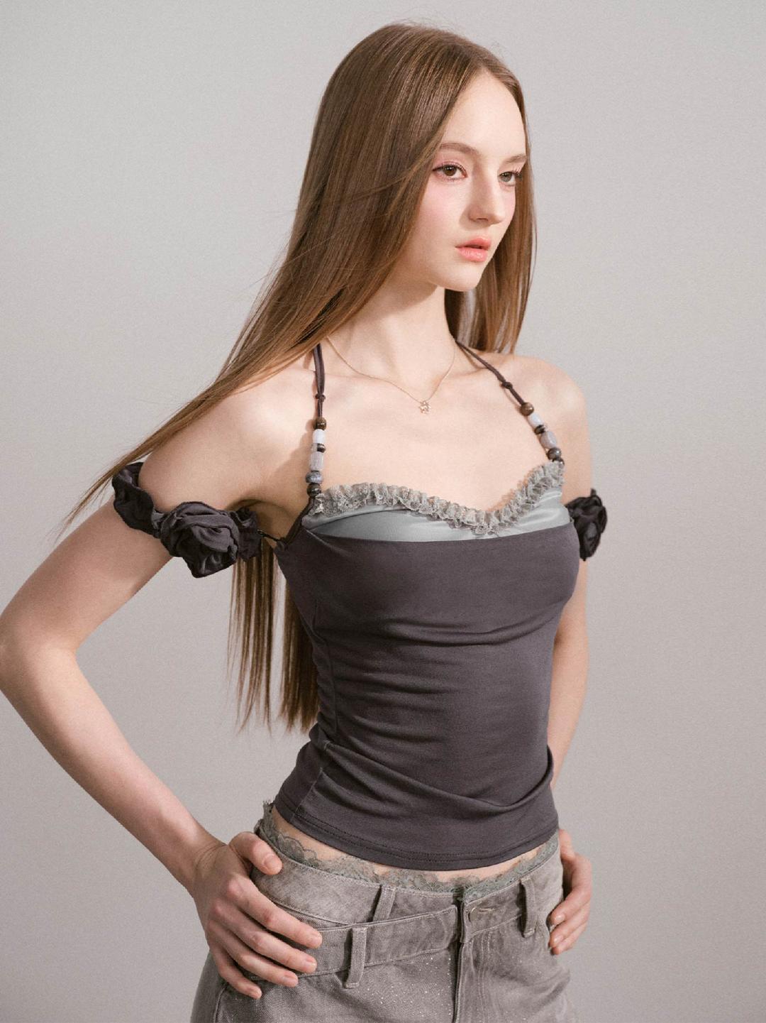 [MESS STUDIO] Beads Strap Off-Shoulder Shirring Top